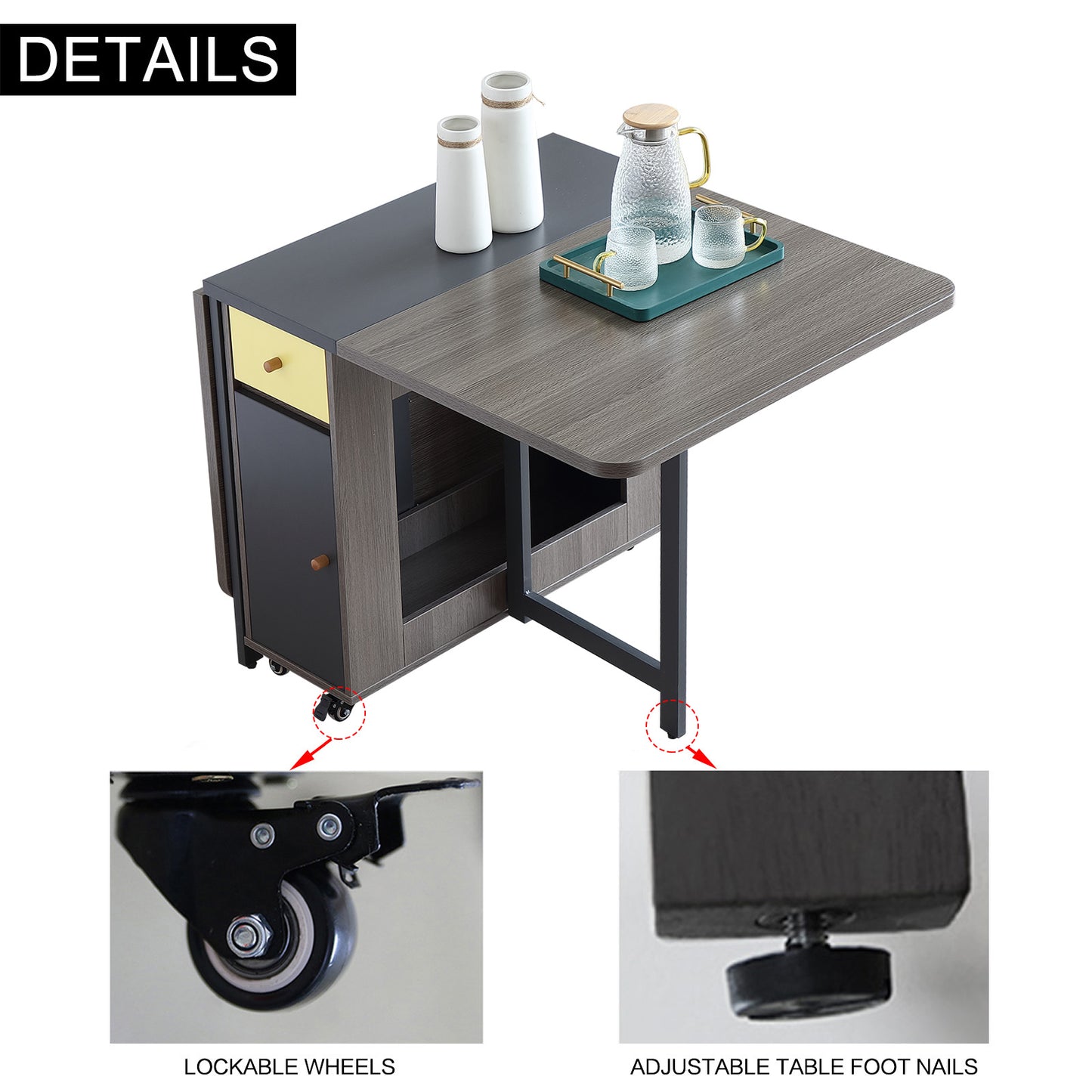 FUNROLUX Folding Dining Table with Storage Rack and 2 Drawers, Movable Kitchen Table Extendable Versatile Table Space Saving Foldable in 3 Forms (Grey)