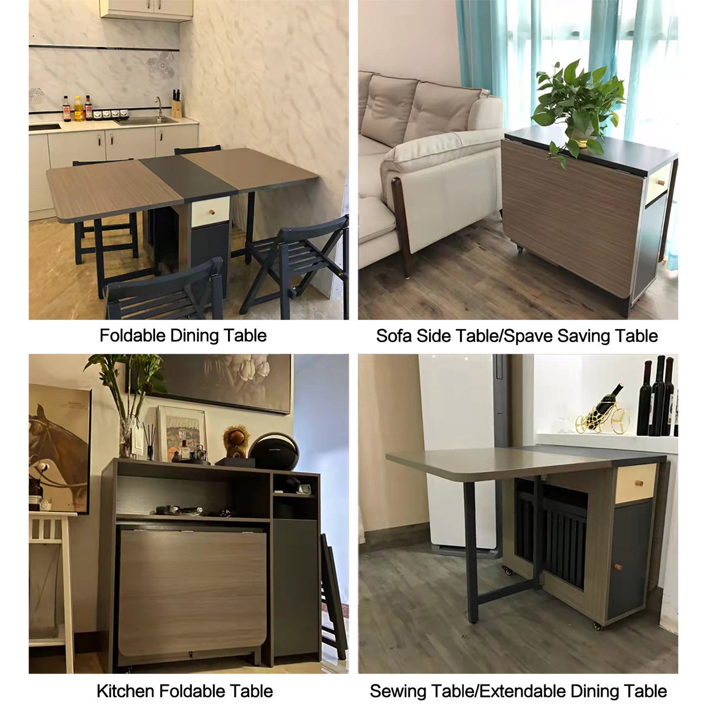 FUNROLUX Folding Dining Table with Storage Rack and 2 Drawers, Movable Kitchen Table Extendable Versatile Table Space Saving Foldable in 3 Forms (Grey)