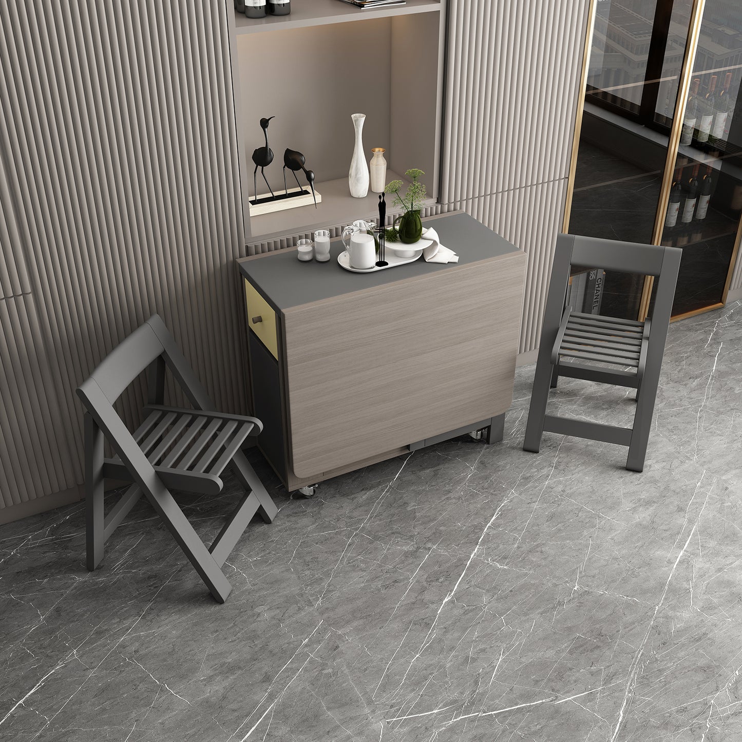 FUNROLUX Folding Dining Table with Storage Rack and 2 Drawers, Movable Kitchen Table Extendable Versatile Table Space Saving Foldable in 3 Forms (Grey)