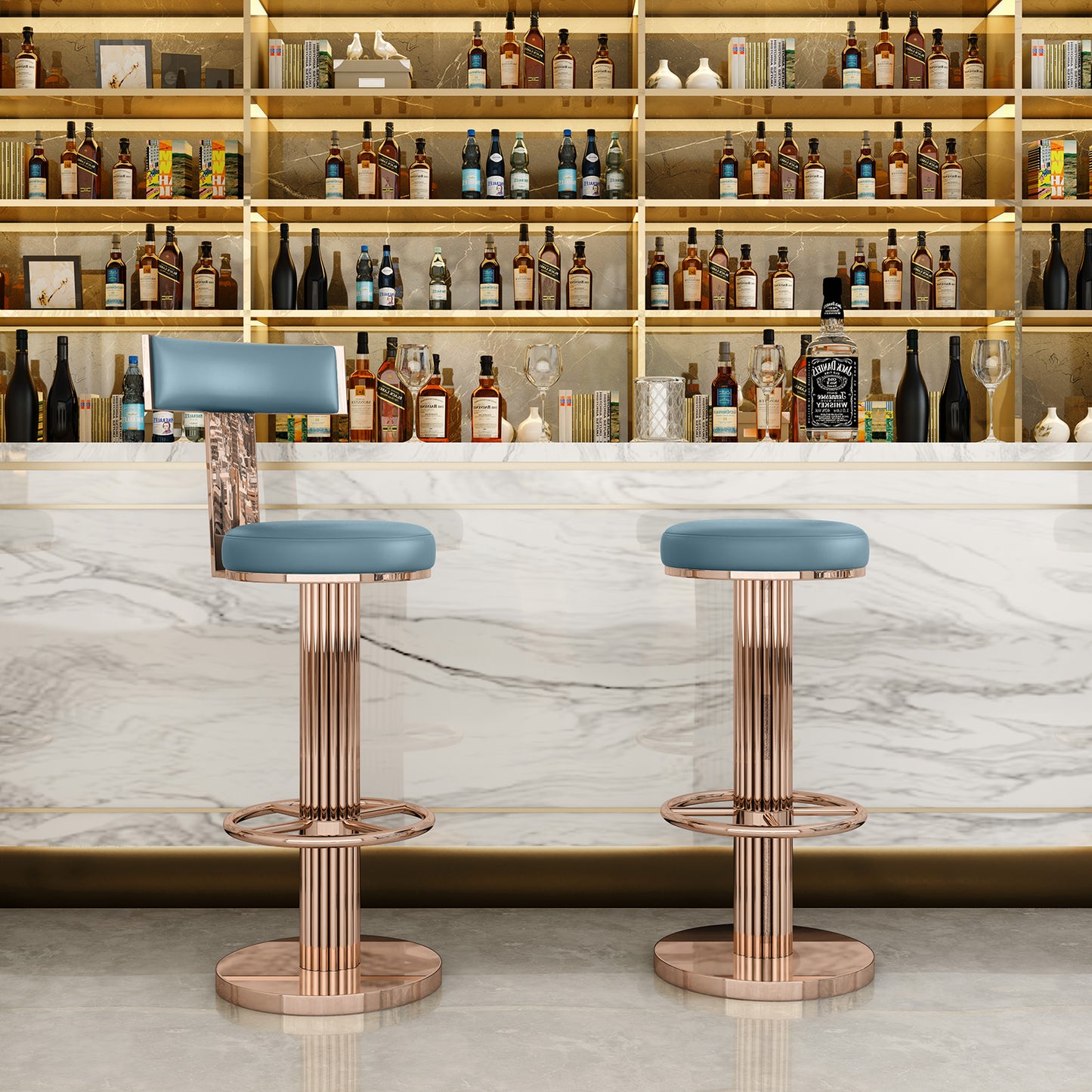 FUNROLUX Swivel Bar Stools with Backrest, Modern Adjustable Height Counter Stool with Stainless Steel Legs and Comfortable Cushion, Rose Bar Chairs for Kitchen Island Counter (Blue)