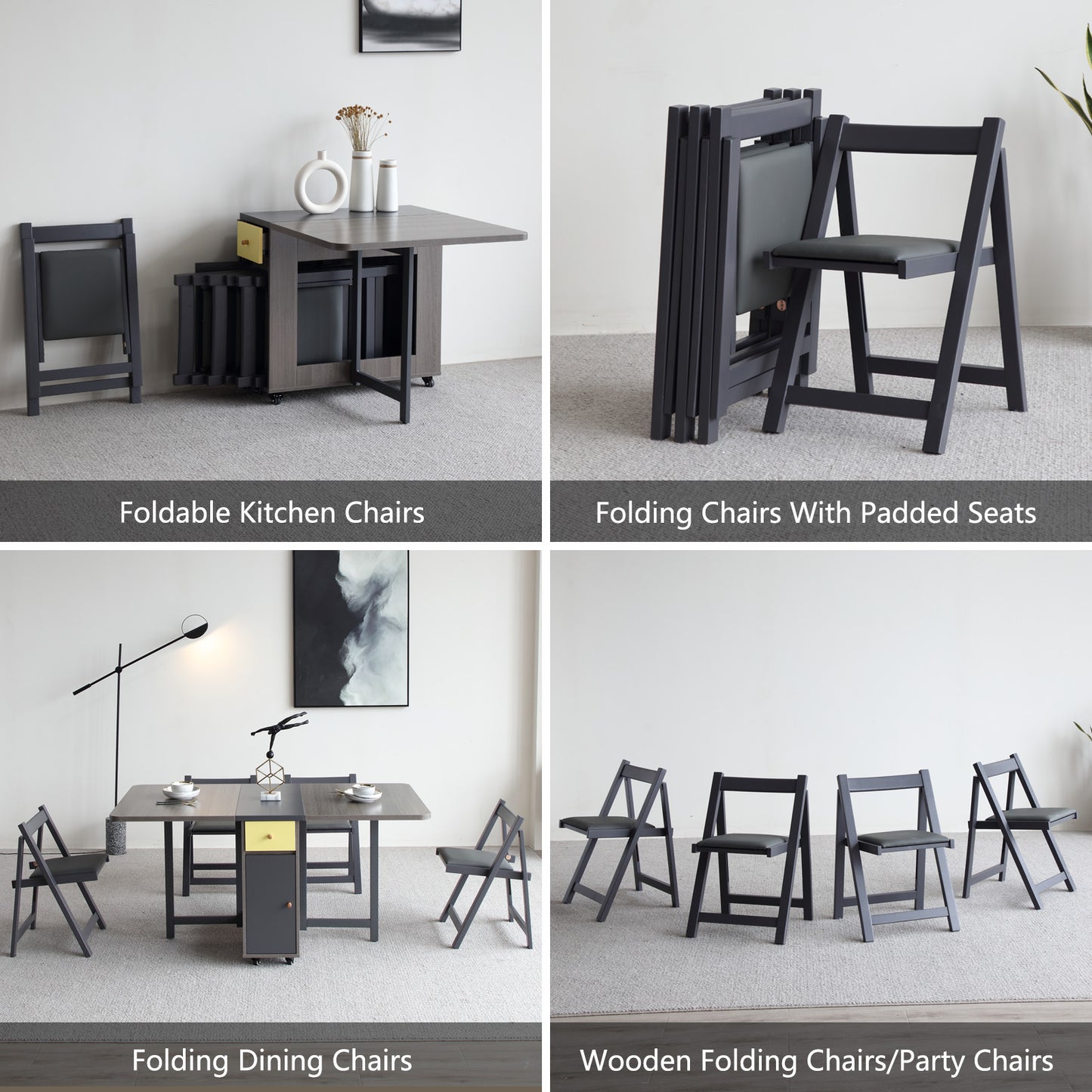 FUNROLUX Folding Dining Chairs with Padded Seats 2 Pack Wooden Folding Chairs for Kitchen Table Event Party Indoor 198LB Weight Capacity (Grey)
