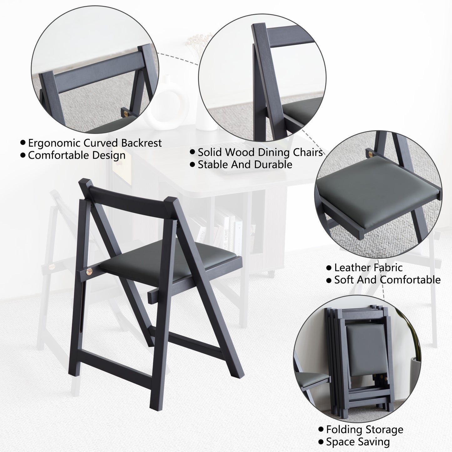 FUNROLUX Folding Dining Chairs with Padded Seats 2 Pack Wooden Folding Chairs for Kitchen Table Event Party Indoor 198LB Weight Capacity (Grey)