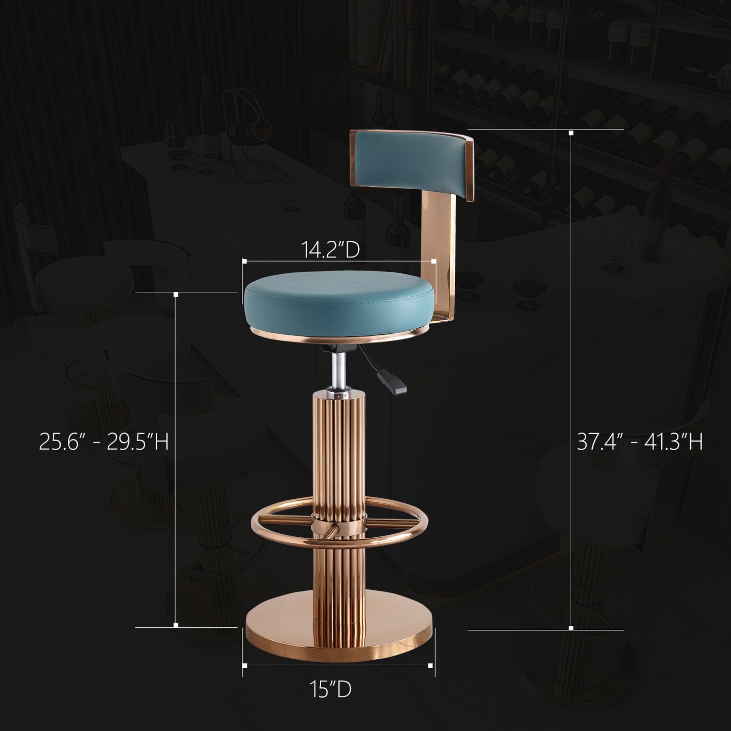 FUNROLUX Swivel Bar Stools with Backrest, Modern Adjustable Height Counter Stool with Stainless Steel Legs and Comfortable Cushion, Rose Bar Chairs for Kitchen Island Counter (Blue)