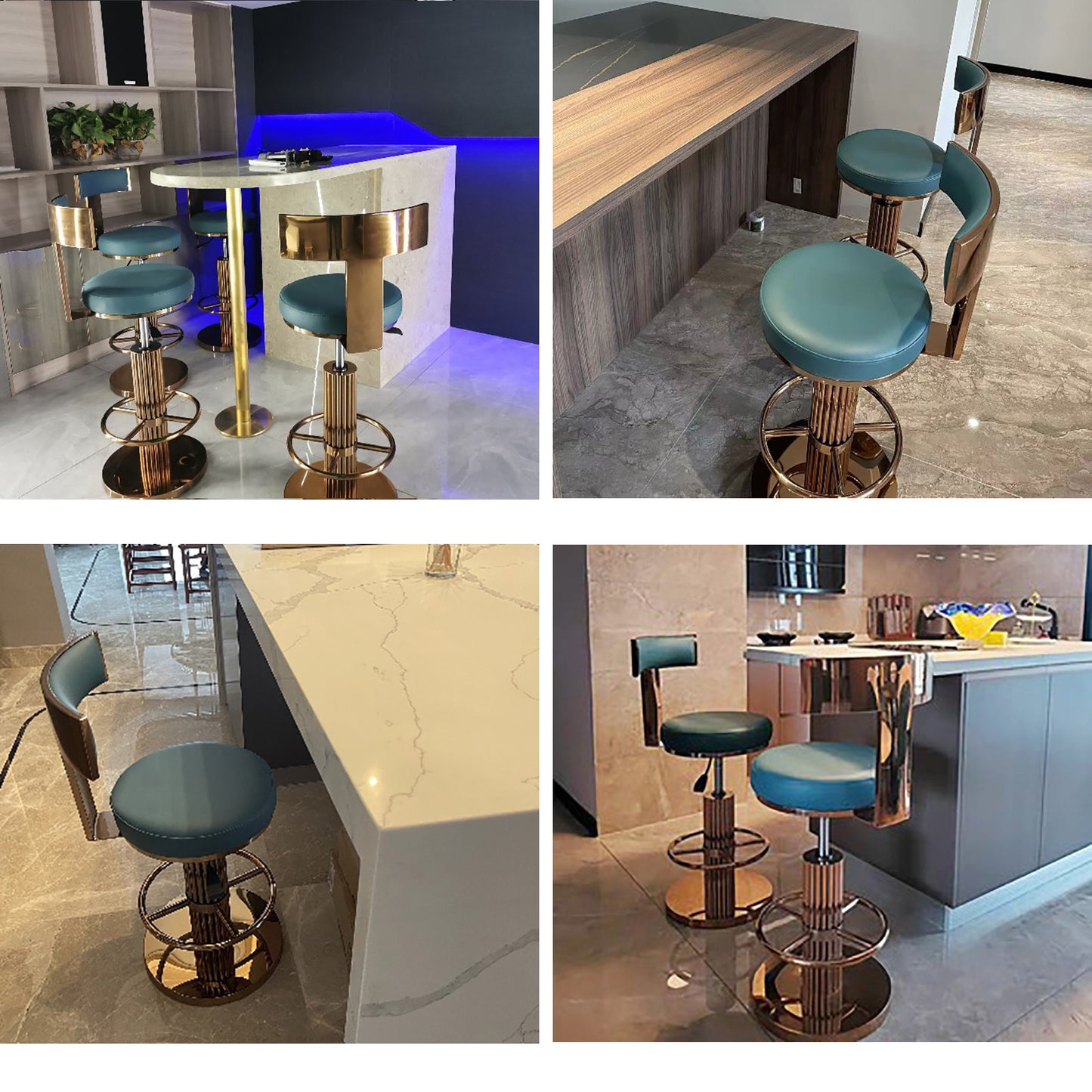 FUNROLUX Swivel Bar Stools with Backrest, Modern Adjustable Height Counter Stool with Stainless Steel Legs and Comfortable Cushion, Rose Bar Chairs for Kitchen Island Counter (Blue)