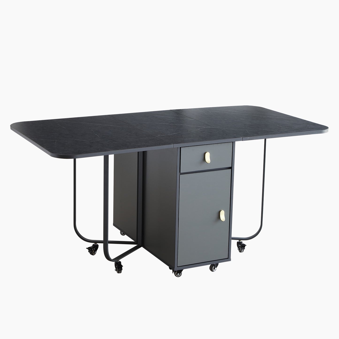 FUNROLUX Folding Dining Table with Storage Rack and 2 Drawers, Foldable Kitchen Table Extendable Versatile Table, Space Saving Dining Table with 4 Support Legs (Dark Grey)