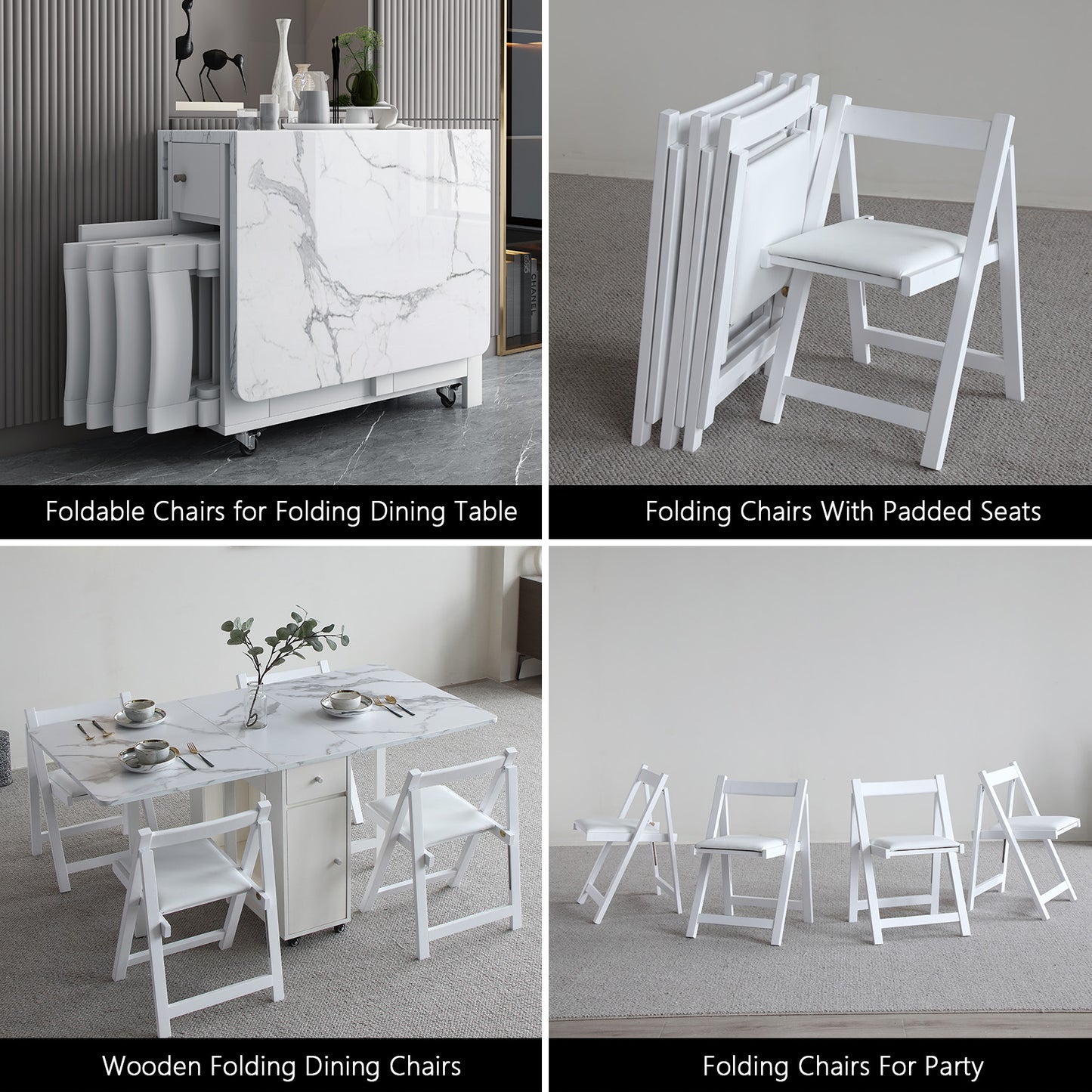 FUNROLUX Wooden Folding Dining Chairs with Padded Seats 2 Pack Foldable Chair for Kitchen Table Event Party Garden Indoor - 198LB Weight Capacity (White)