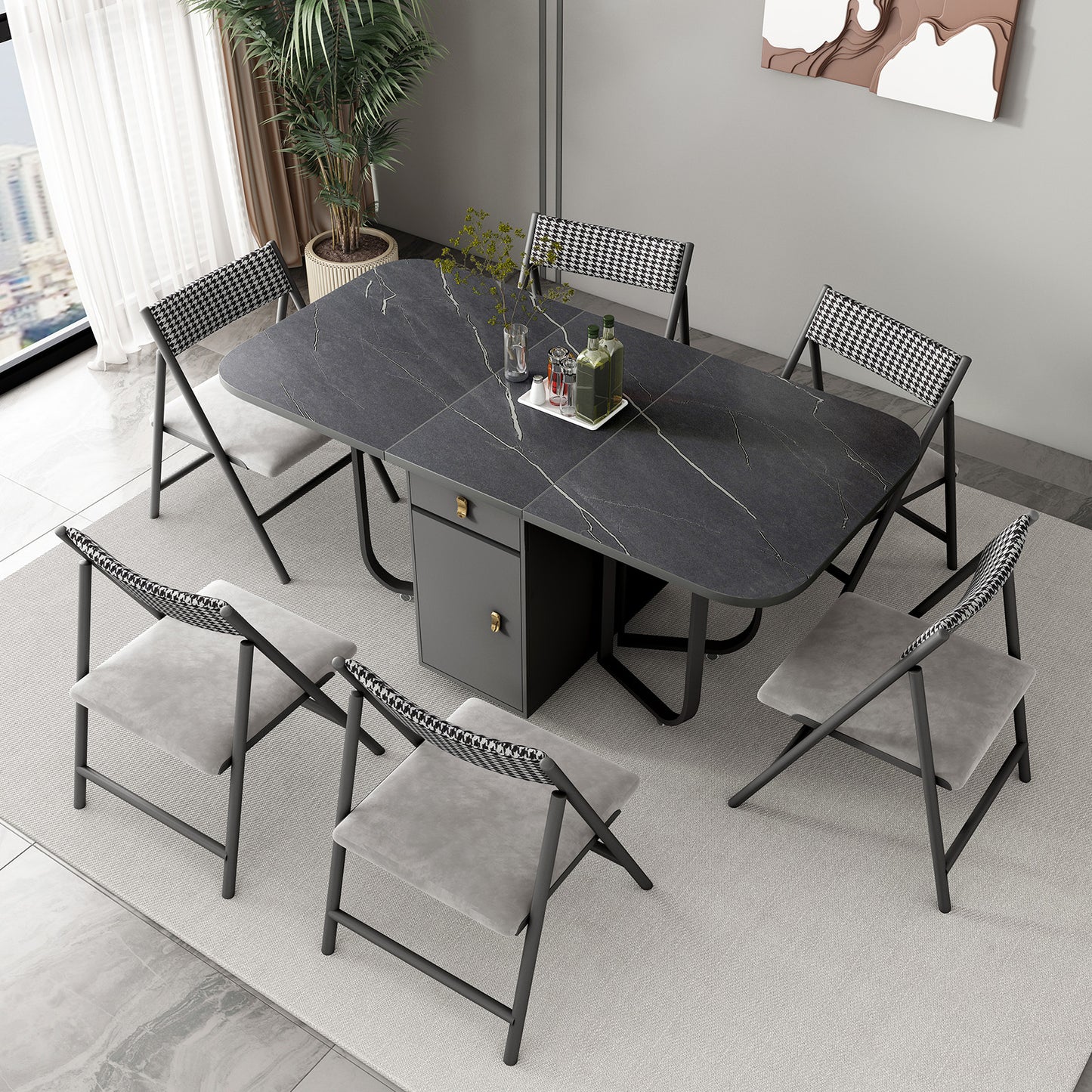 FUNROLUX Folding Dining Table with Storage Rack and 2 Drawers, Foldable Kitchen Table Extendable Versatile Table, Space Saving Dining Table with 4 Support Legs (Dark Grey)