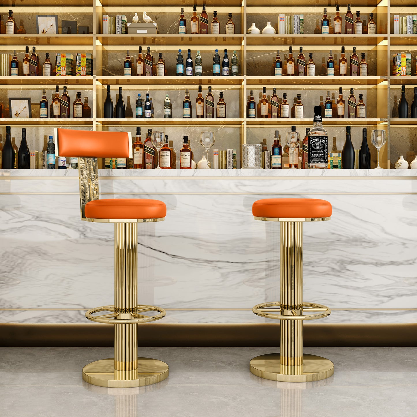FUNROLUX Counter Height Bar Stools with Back, Modern Adjustable Height Barstools Swivel Bar Chair with Polished Gold Stainless Steel Legs for Kitchen Island Counter Living Room Coffee Shop (Orange)