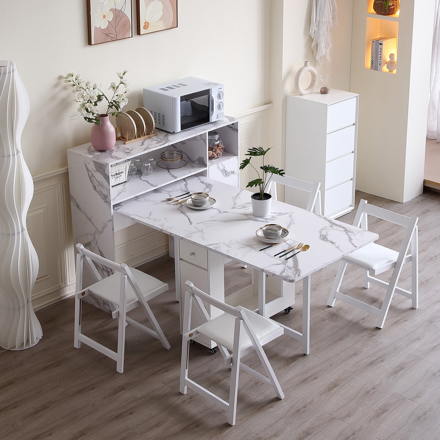 FUNROLUX Buffet Cabinet with Storage, Sideboard for Storing Folding Table, Kitchen Storage Cabinet with Shelves, Modern Console Table for Dining Room, Living Room, Entrance (White)
