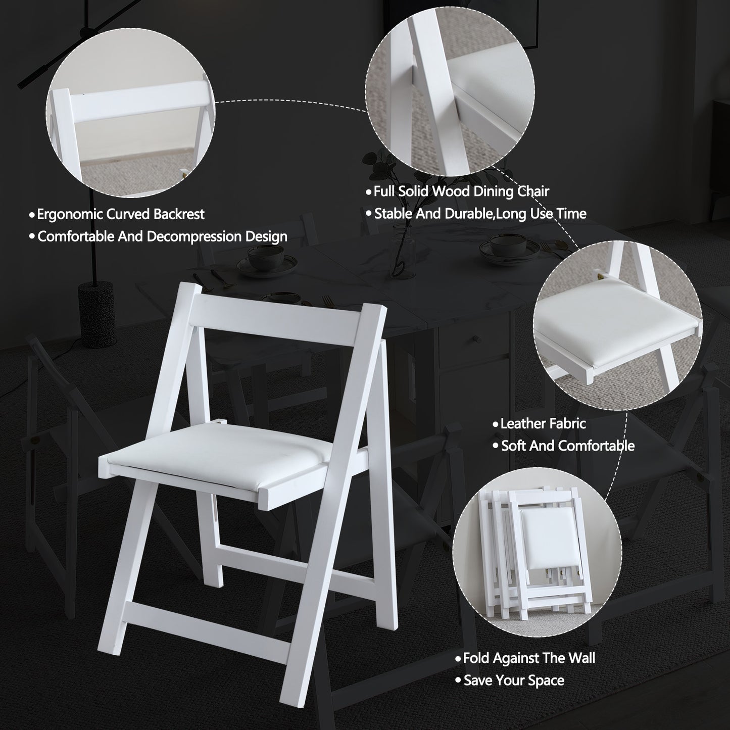 FUNROLUX Wooden Folding Dining Chairs with Padded Seats 2 Pack Foldable Chair for Kitchen Table Event Party Garden Indoor - 198LB Weight Capacity (White)