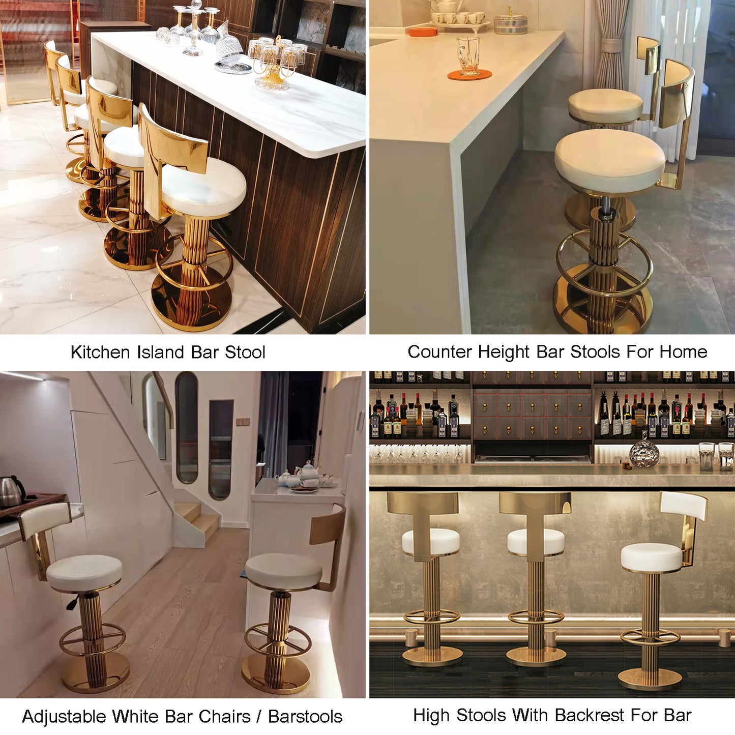 FUNROLUX Counter Height Bar Stools with Back, Modern Adjustable Height Barstools Swivel Bar Chairs with Polished Gold Stainless Steel Legs and Comfortable Cushion for Kitchen Island Counter (White)