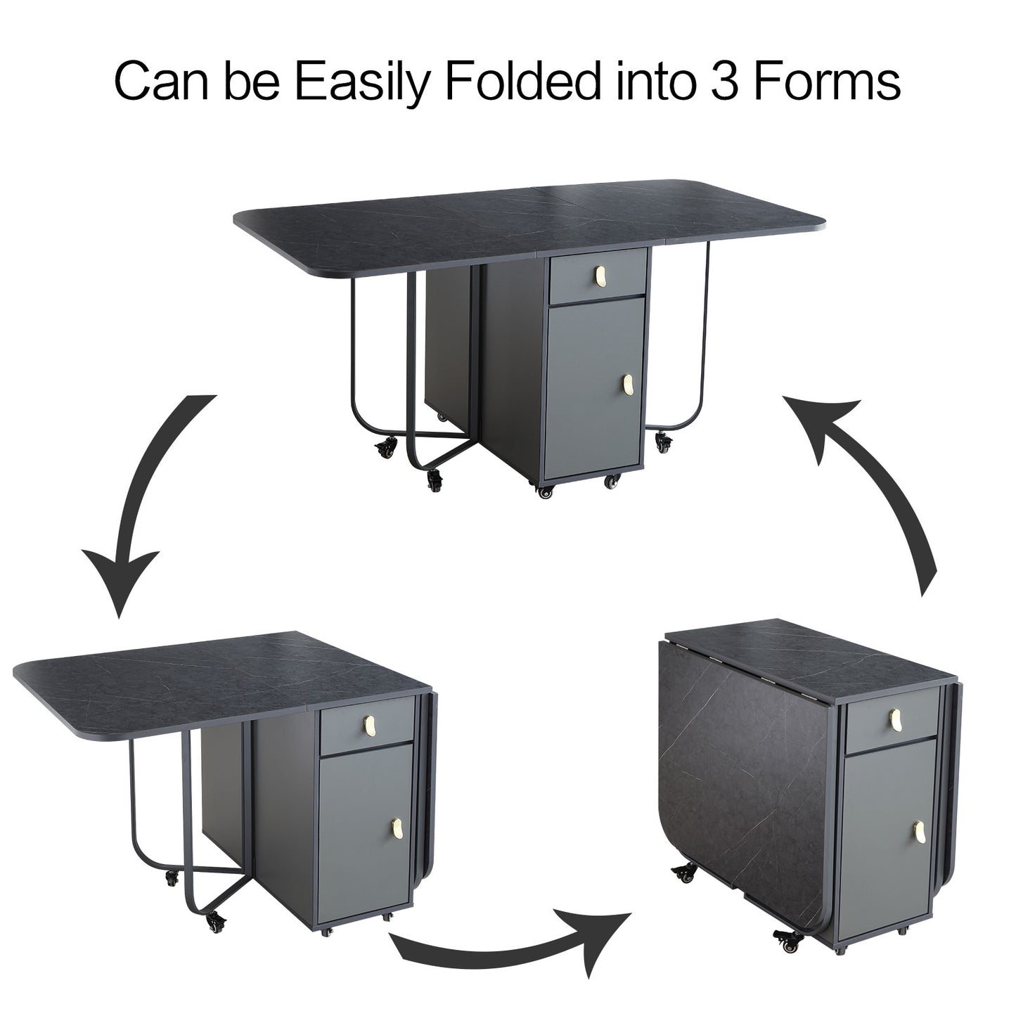 FUNROLUX Folding Dining Table with Storage Rack and 2 Drawers, Foldable Kitchen Table Extendable Versatile Table, Space Saving Dining Table with 4 Support Legs (Dark Grey)