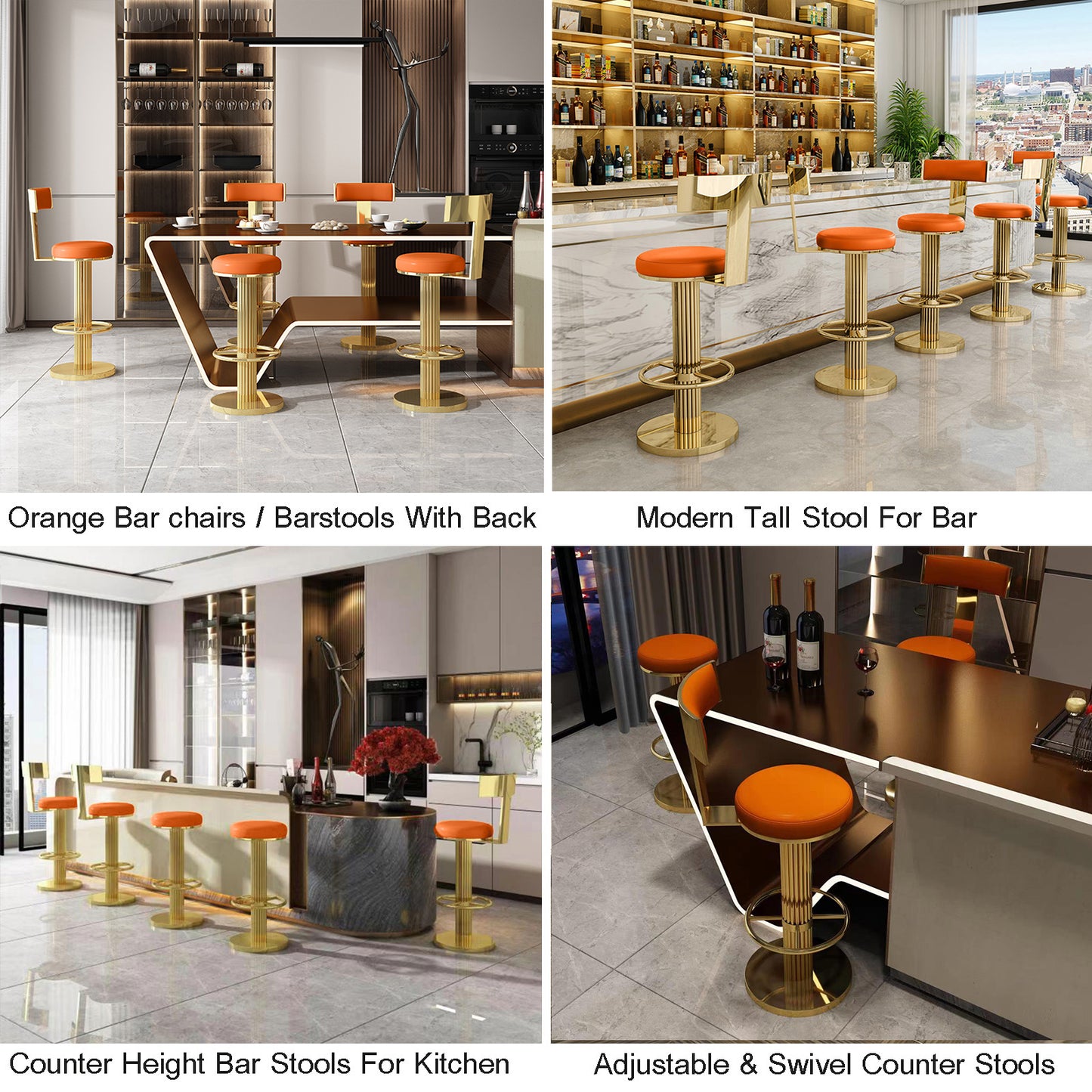 FUNROLUX Counter Height Bar Stools with Back, Modern Adjustable Height Barstools Swivel Bar Chair with Polished Gold Stainless Steel Legs for Kitchen Island Counter Living Room Coffee Shop (Orange)