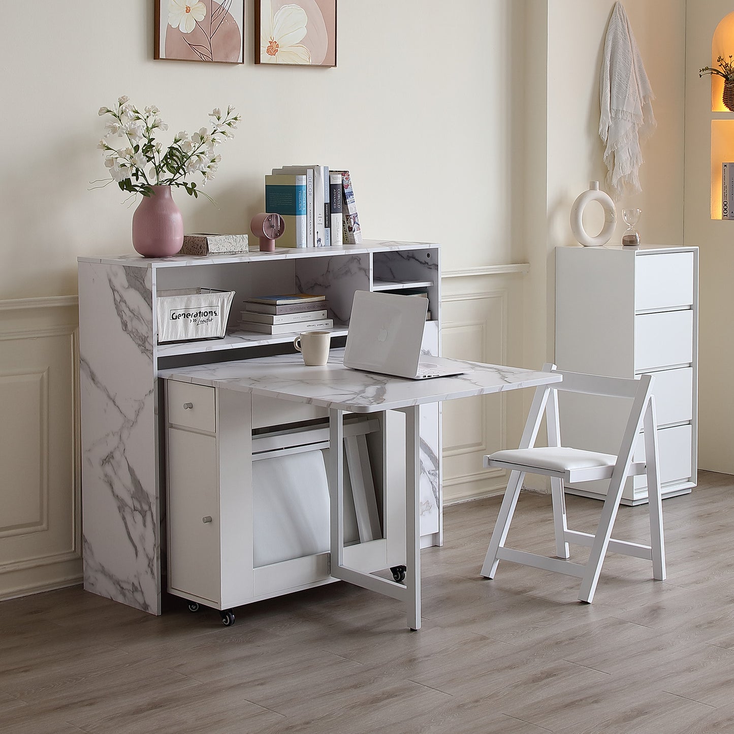 FUNROLUX Buffet Cabinet with Storage, Sideboard for Storing Folding Table, Kitchen Storage Cabinet with Shelves, Modern Console Table for Dining Room, Living Room, Entrance (White)