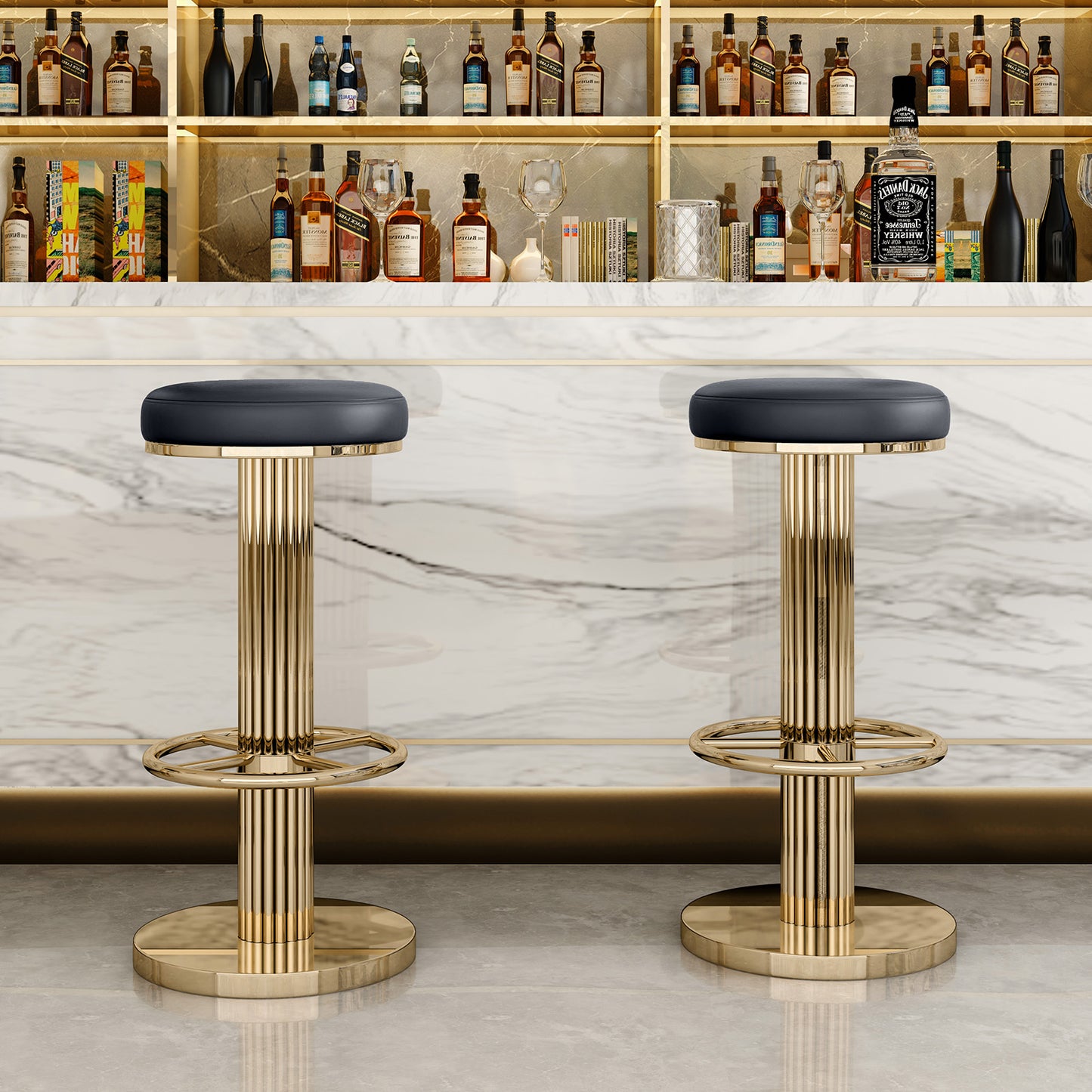 FUNROLUX Gold Bar Stools Adjustable Swivel Counter Stools Modern Backless Counter Height Bar Stools for Kitchen Island with Metal Legs and Upholstered Microfiber Leather (Black)