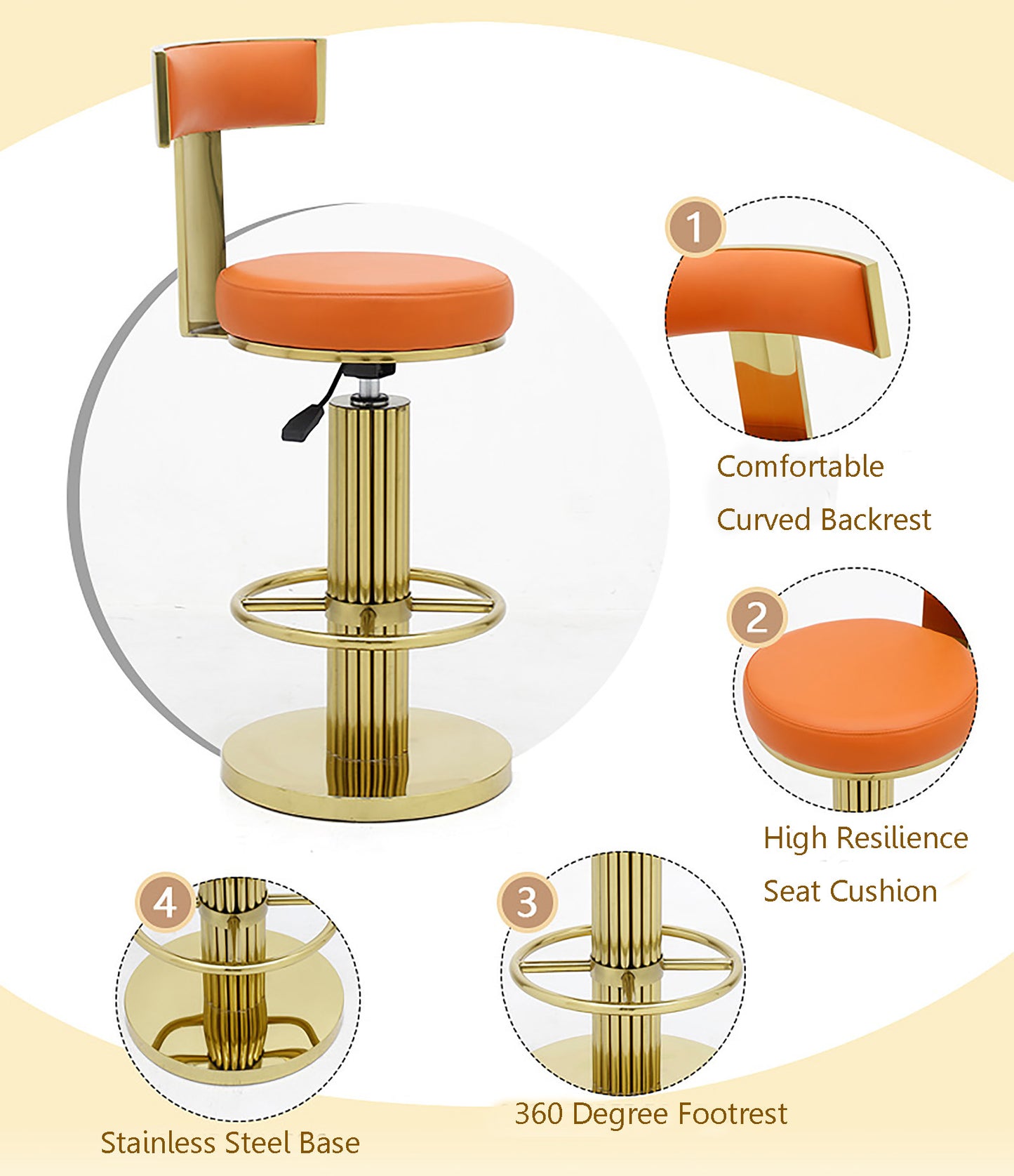 FUNROLUX Counter Height Bar Stools with Back, Modern Adjustable Height Barstools Swivel Bar Chair with Polished Gold Stainless Steel Legs for Kitchen Island Counter Living Room Coffee Shop (Orange)