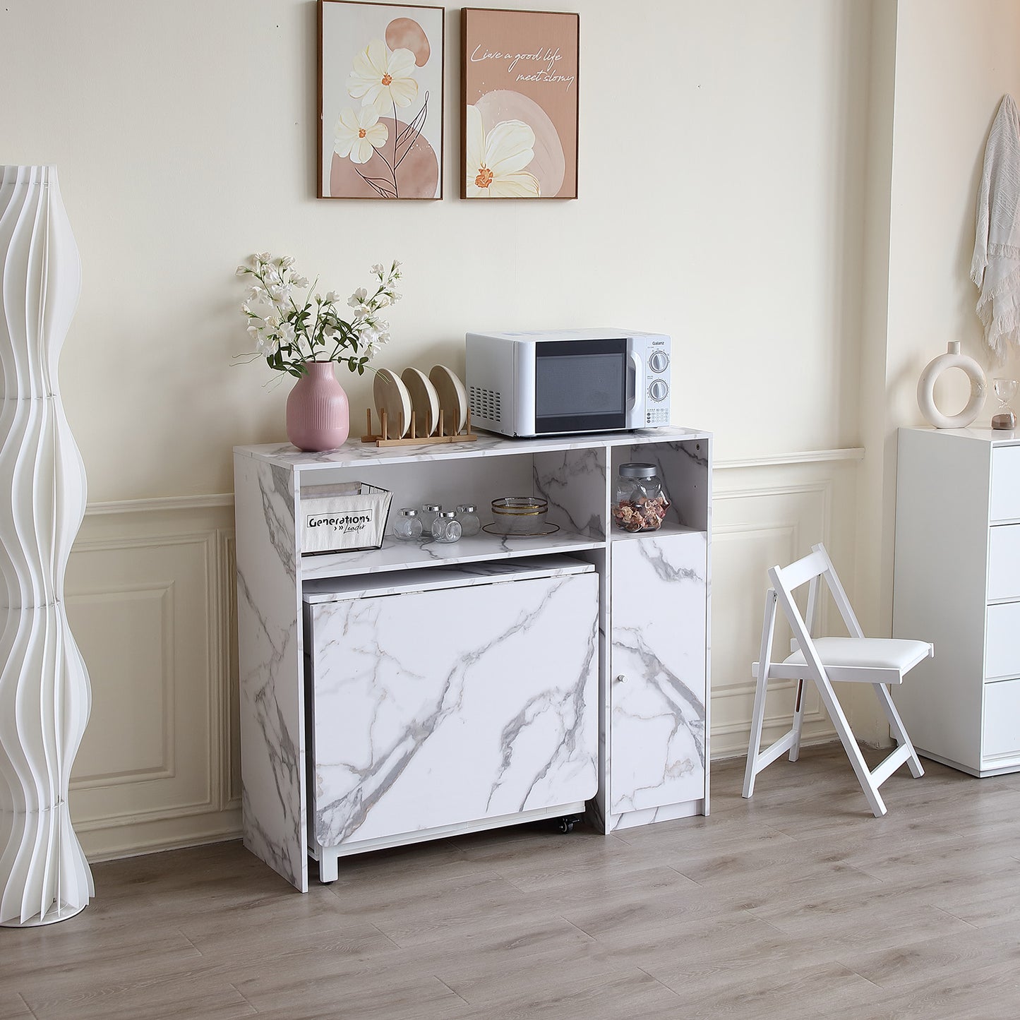 FUNROLUX Buffet Cabinet with Storage, Sideboard for Storing Folding Table, Kitchen Storage Cabinet with Shelves, Modern Console Table for Dining Room, Living Room, Entrance (White)