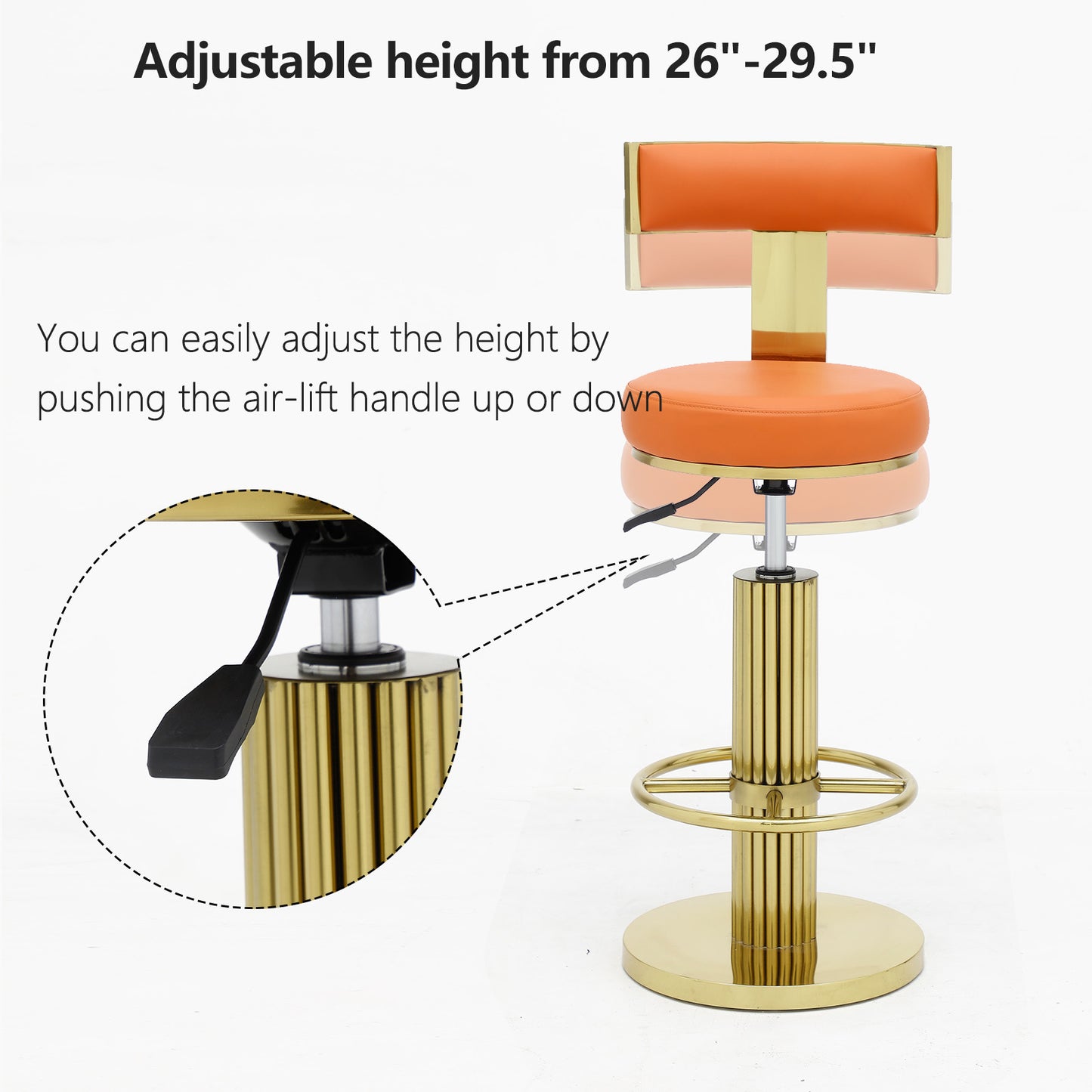 FUNROLUX Counter Height Bar Stools with Back, Modern Adjustable Height Barstools Swivel Bar Chair with Polished Gold Stainless Steel Legs for Kitchen Island Counter Living Room Coffee Shop (Orange)