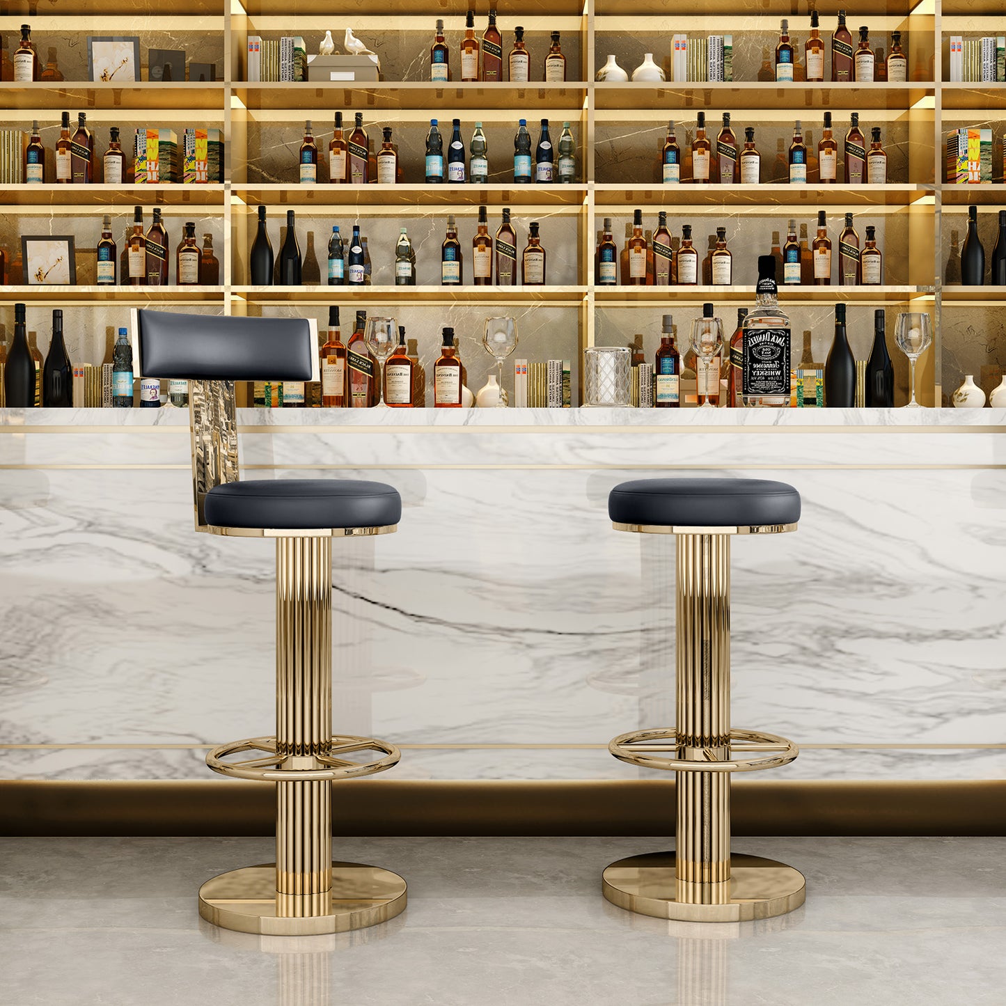 FUNROLUX Swivel Bar Stools with Backrest, Modern Adjustable Height Counter Stool with Metal Legs and Comfortable Cushion, Black and Gold Bar Chair for Kitchen Island Counter (Black)
