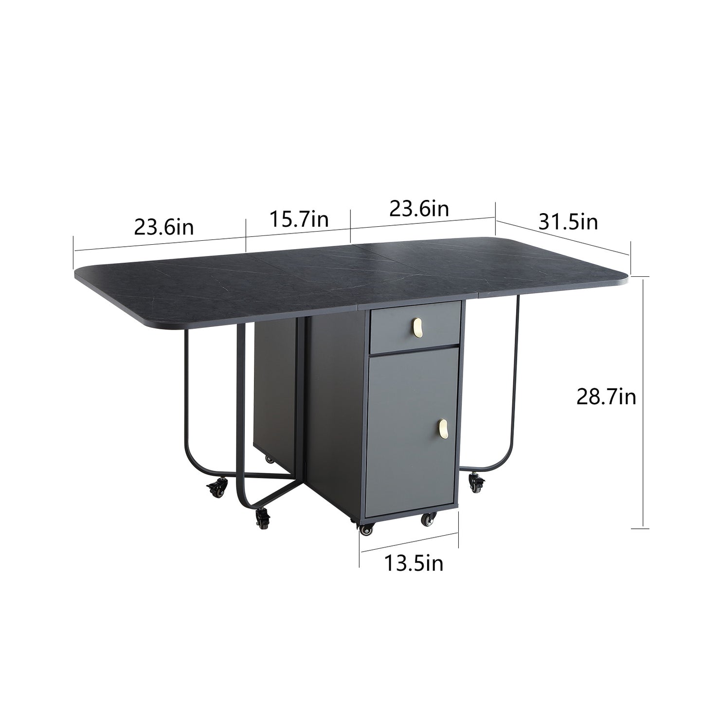 FUNROLUX Folding Dining Table with Storage Rack and 2 Drawers, Foldable Kitchen Table Extendable Versatile Table, Space Saving Dining Table with 4 Support Legs (Dark Grey)