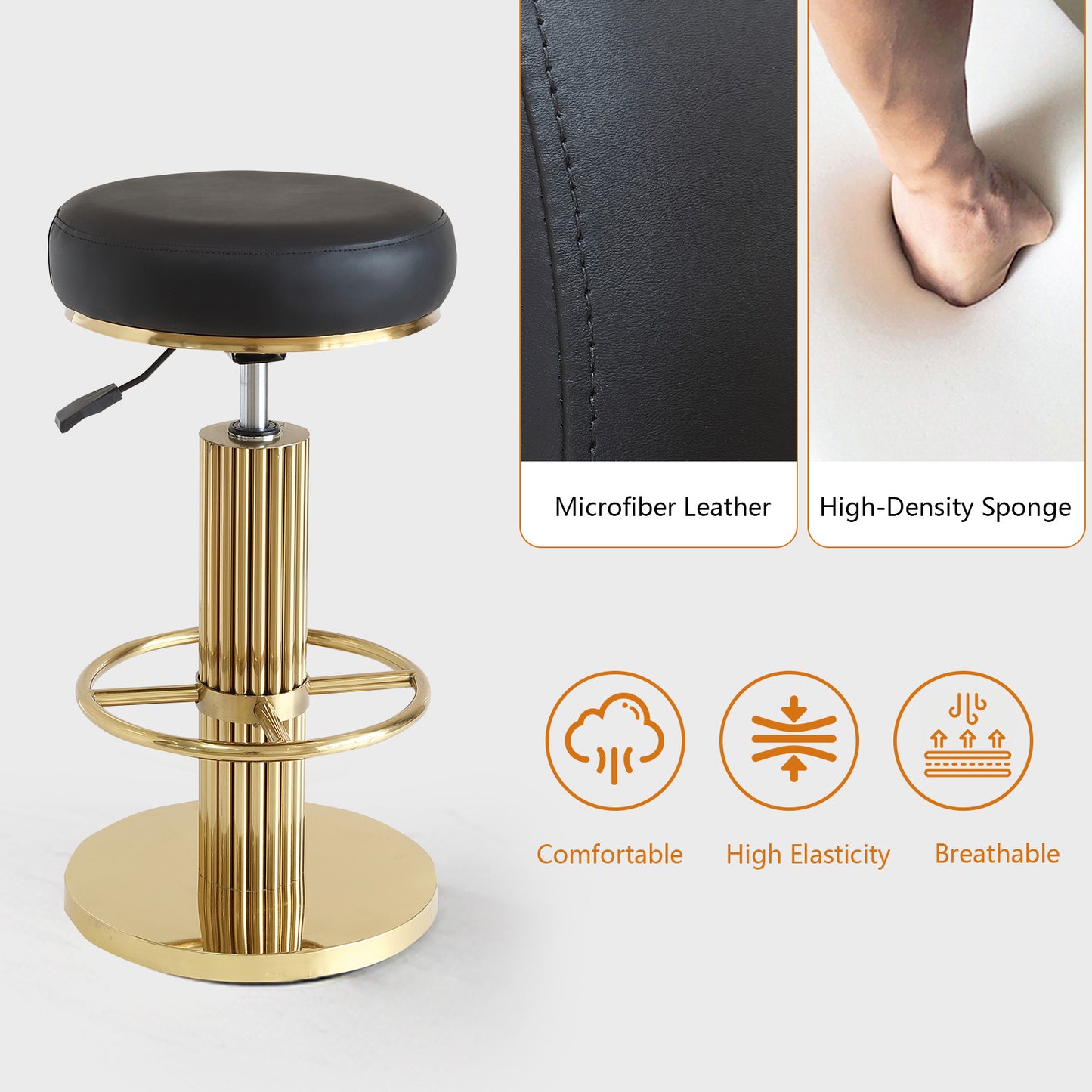 FUNROLUX Gold Bar Stools Adjustable Swivel Counter Stools Modern Backless Counter Height Bar Stools for Kitchen Island with Metal Legs and Upholstered Microfiber Leather (Black)