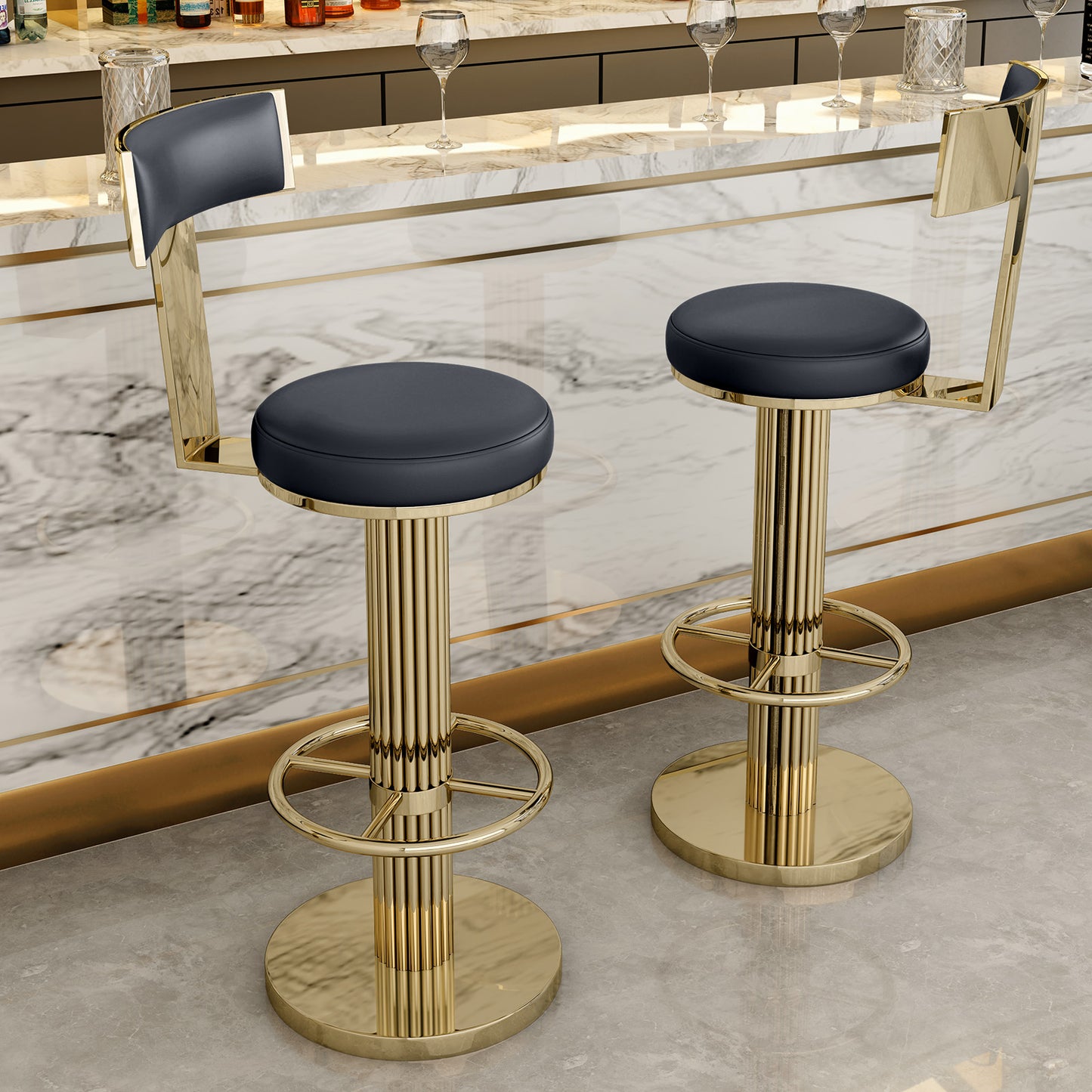 FUNROLUX Swivel Bar Stools with Backrest, Modern Adjustable Height Counter Stool with Metal Legs and Comfortable Cushion, Black and Gold Bar Chair for Kitchen Island Counter (Black)