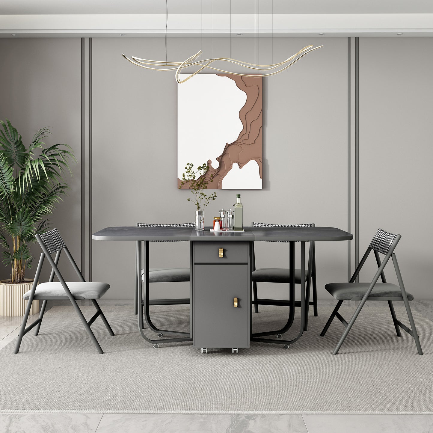 FUNROLUX Folding Dining Table with Storage Rack and 2 Drawers, Foldable Kitchen Table Extendable Versatile Table, Space Saving Dining Table with 4 Support Legs (Dark Grey)