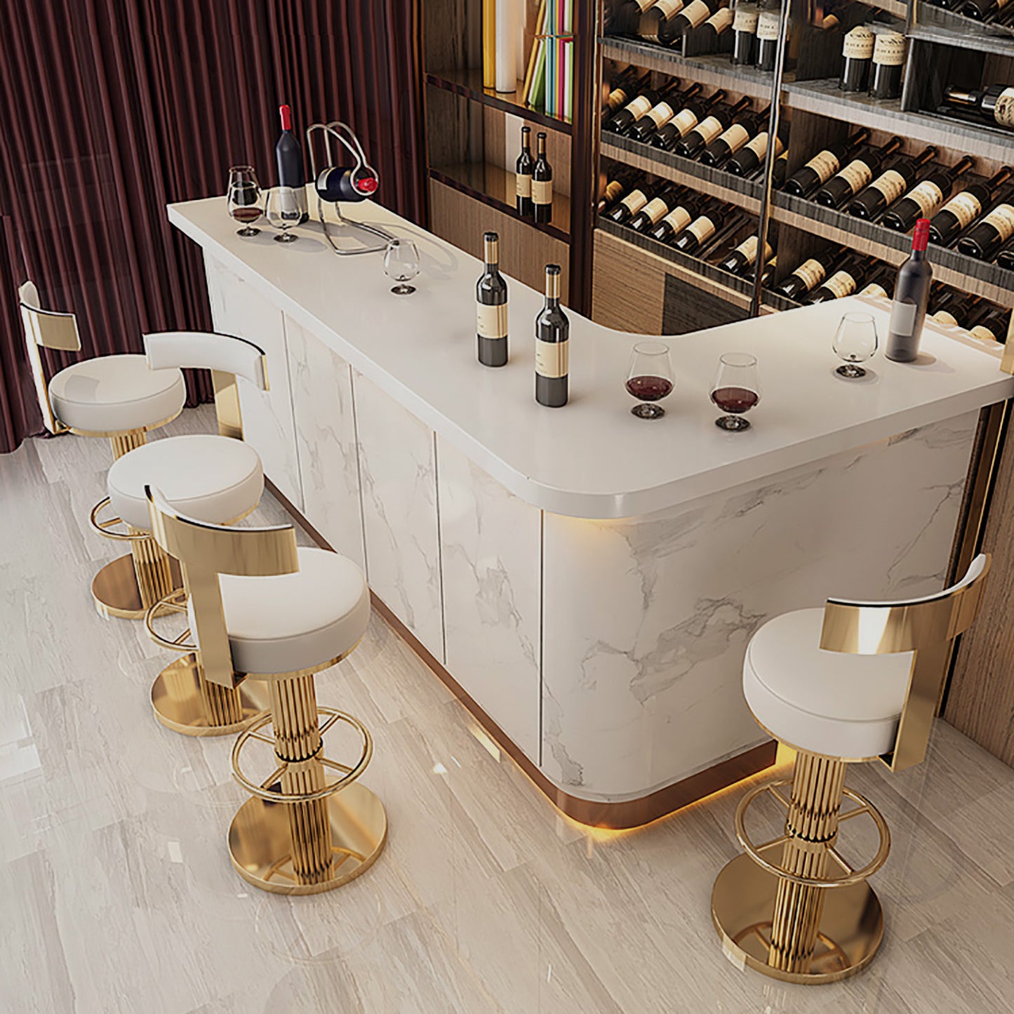 FUNROLUX Counter Height Bar Stools with Back, Modern Adjustable Height Barstools Swivel Bar Chairs with Polished Gold Stainless Steel Legs and Comfortable Cushion for Kitchen Island Counter (White)