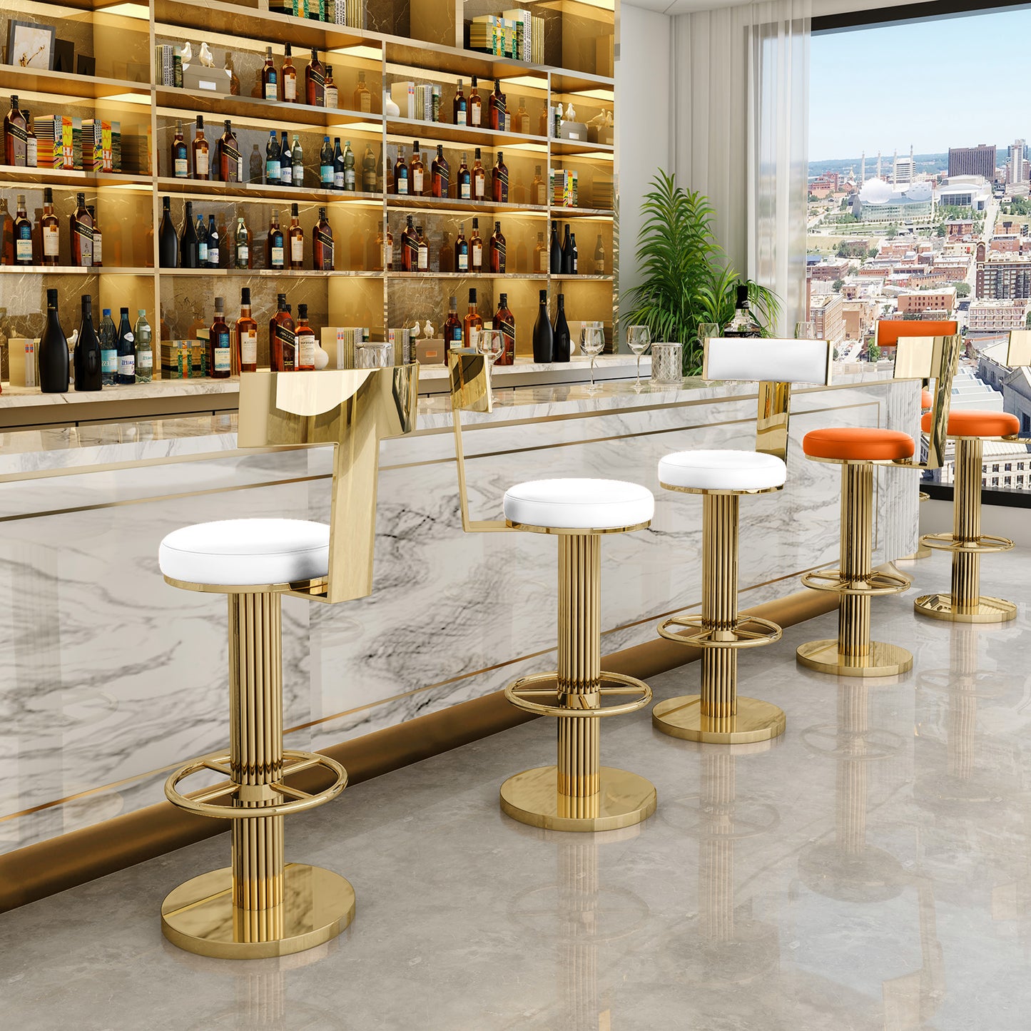 FUNROLUX Counter Height Bar Stools with Back, Modern Adjustable Height Barstools Swivel Bar Chairs with Polished Gold Stainless Steel Legs and Comfortable Cushion for Kitchen Island Counter (White)