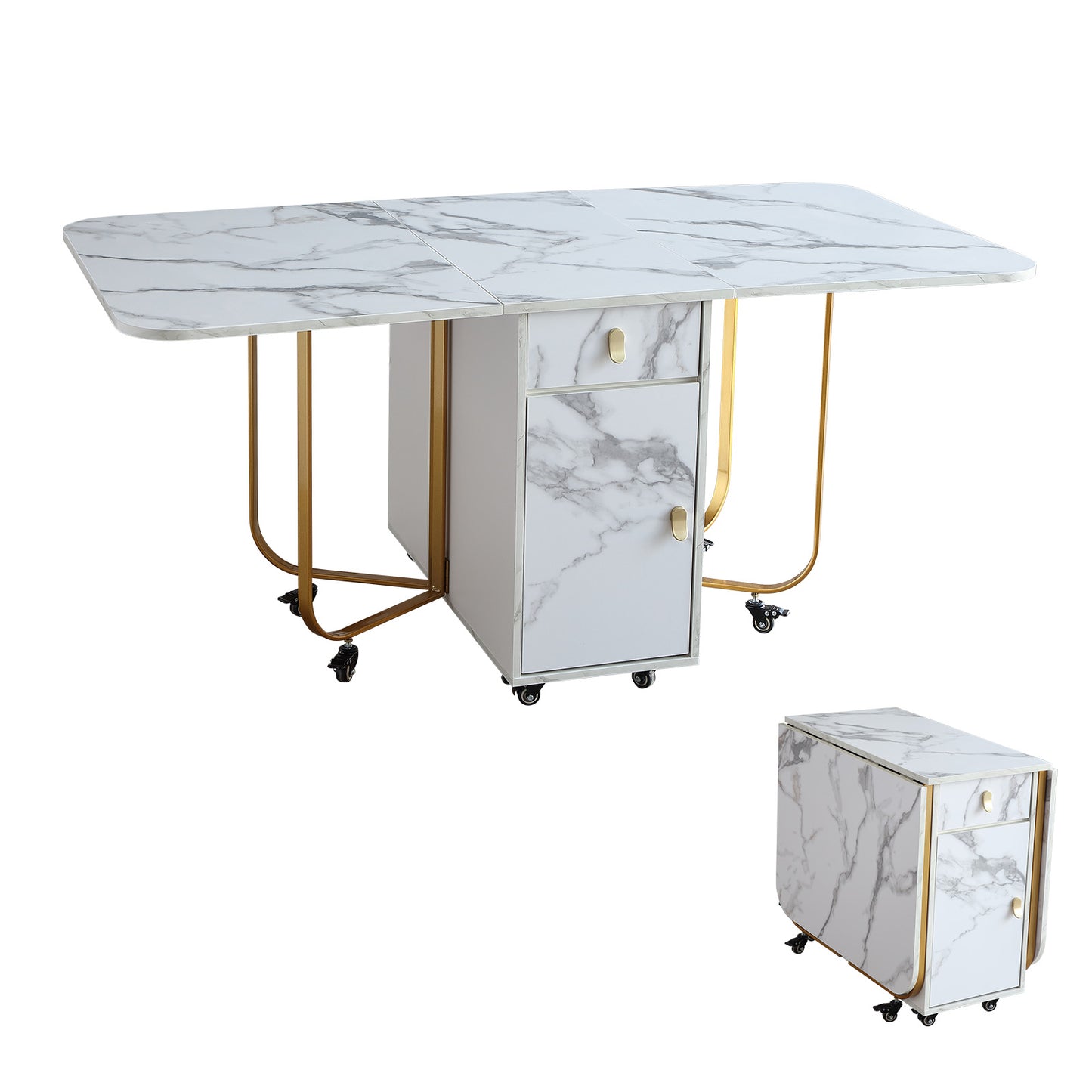 FUNROLUX Folding Dining Table with Storage Rack and 2 Drawers, Foldable Kitchen Table Extendable Versatile Table, Space Saving Dining Table with 4 Support Legs (White)