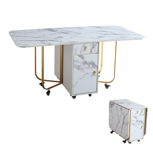 FUNROLUX Folding Dining Table with Storage Rack and 2 Drawers, Foldable Kitchen Table Extendable Versatile Table, Space Saving Dining Table with 4 Support Legs (White)