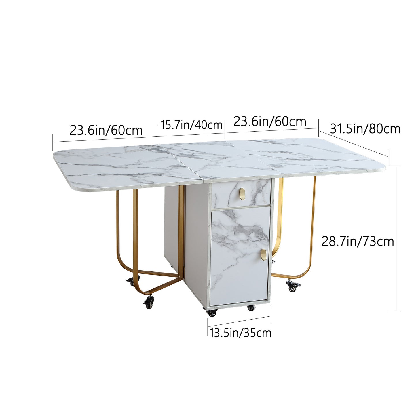 FUNROLUX Folding Dining Table with Storage Rack and 2 Drawers, Foldable Kitchen Table Extendable Versatile Table, Space Saving Dining Table with 4 Support Legs (White)