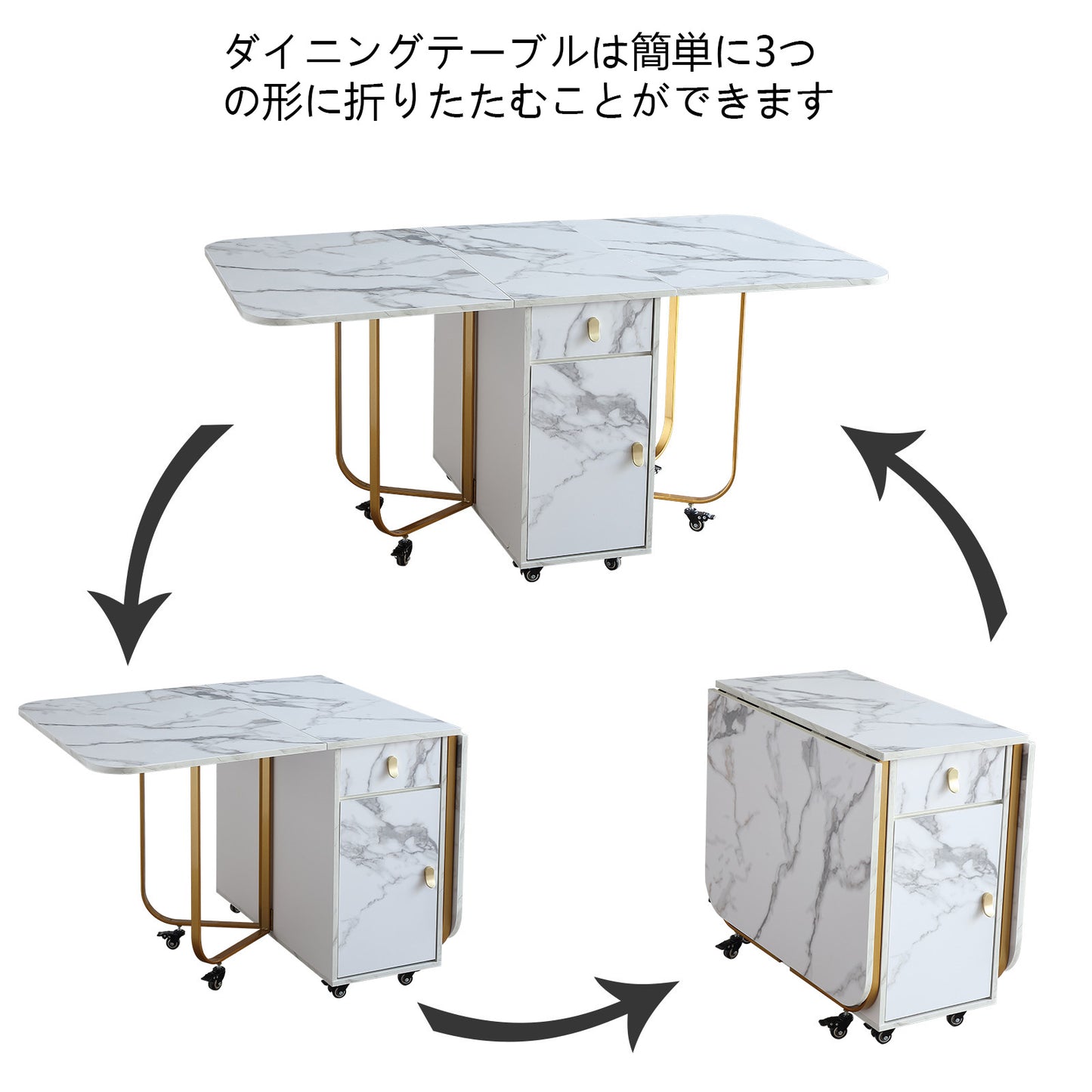 FUNROLUX Folding Dining Table with Storage Rack and 2 Drawers, Foldable Kitchen Table Extendable Versatile Table, Space Saving Dining Table with 4 Support Legs (White)
