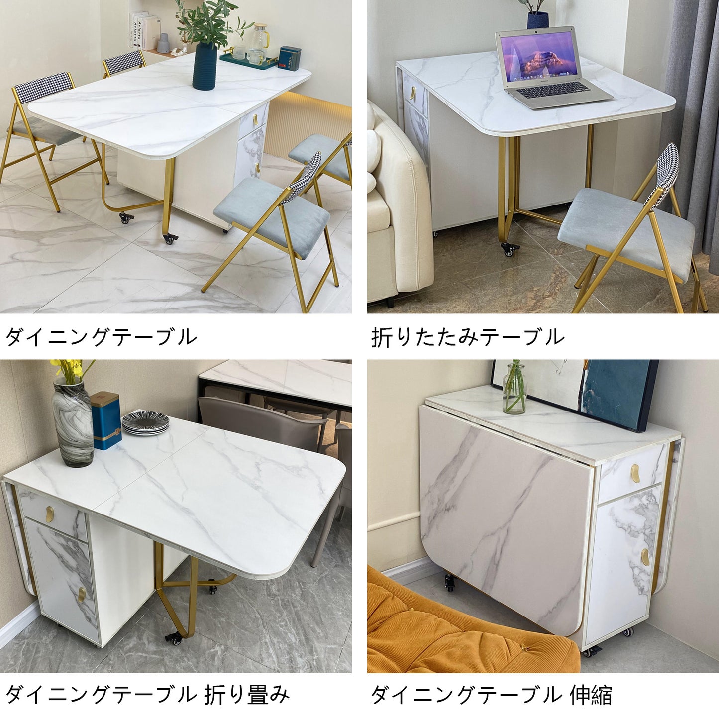FUNROLUX Folding Dining Table with Storage Rack and 2 Drawers, Foldable Kitchen Table Extendable Versatile Table, Space Saving Dining Table with 4 Support Legs (White)
