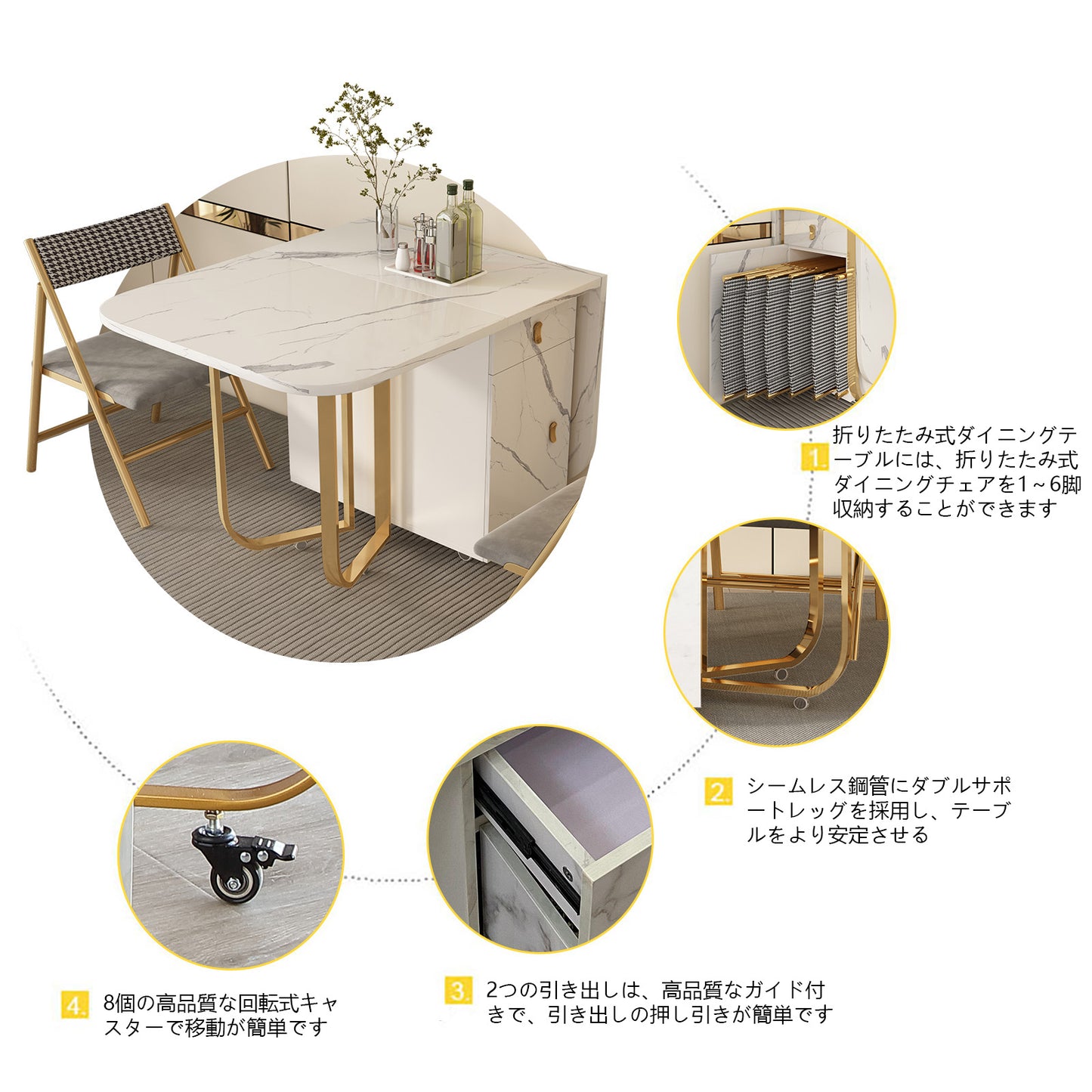 FUNROLUX Folding Dining Table with Storage Rack and 2 Drawers, Foldable Kitchen Table Extendable Versatile Table, Space Saving Dining Table with 4 Support Legs (White)