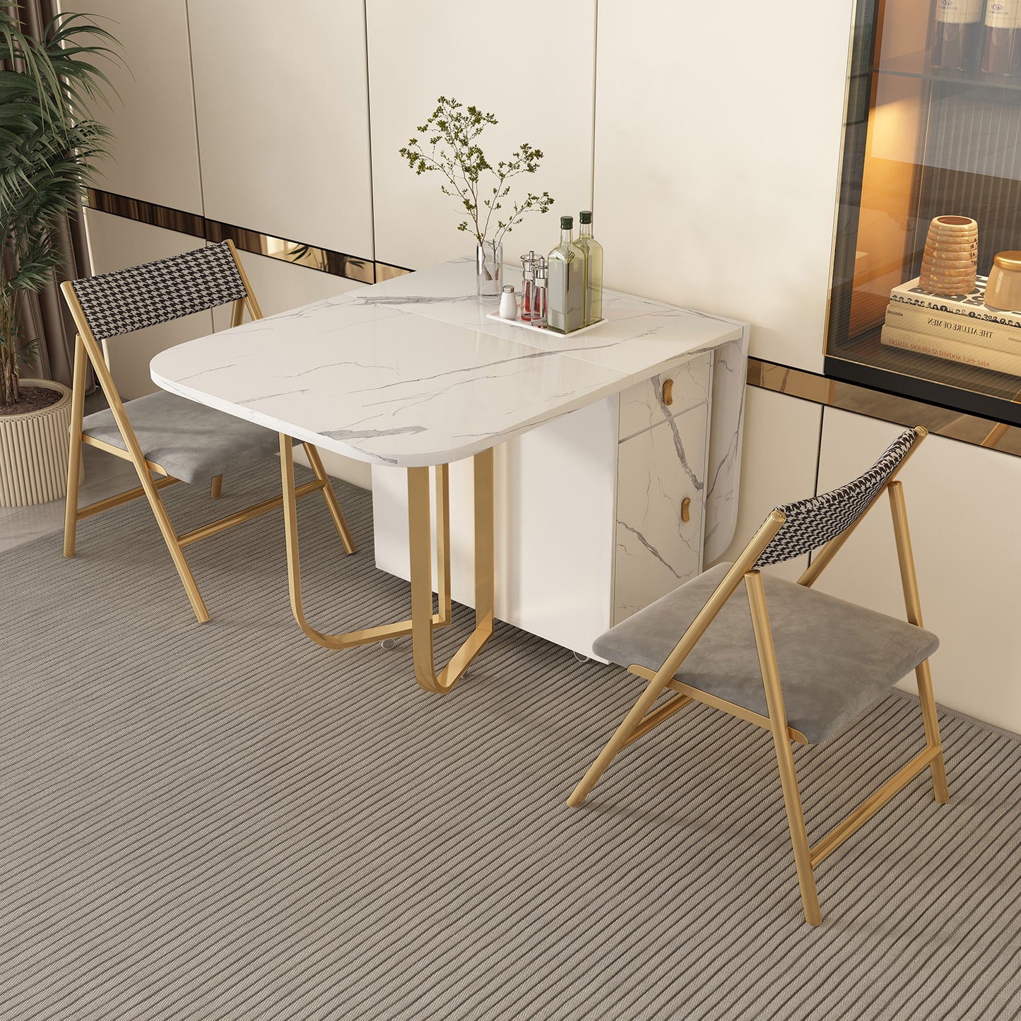 FUNROLUX Folding Dining Table with Storage Rack and 2 Drawers, Foldable Kitchen Table Extendable Versatile Table, Space Saving Dining Table with 4 Support Legs (White)