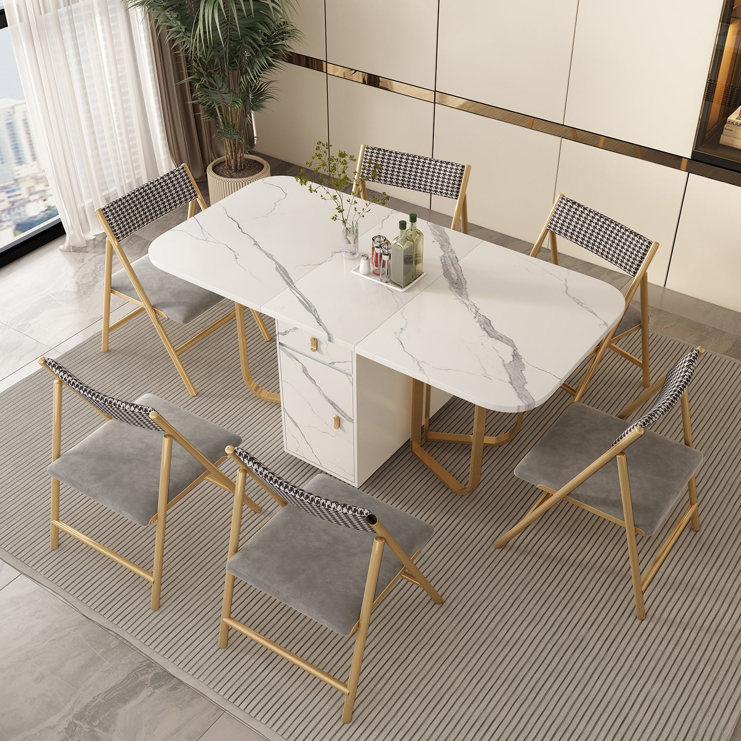 FUNROLUX Folding Dining Table with Storage Rack and 2 Drawers, Foldable Kitchen Table Extendable Versatile Table, Space Saving Dining Table with 4 Support Legs (White)